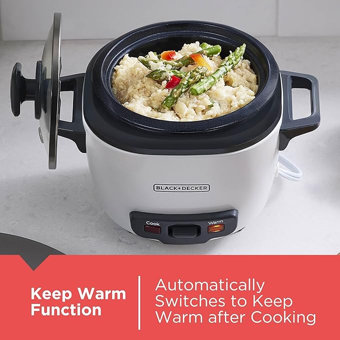 BLACK+DECKER 3-Cup Rice Cooker, RC503, 1.5-cup Uncooked Rice, Steaming Basket, Removable Non-Stick Bowl, One Touch, White