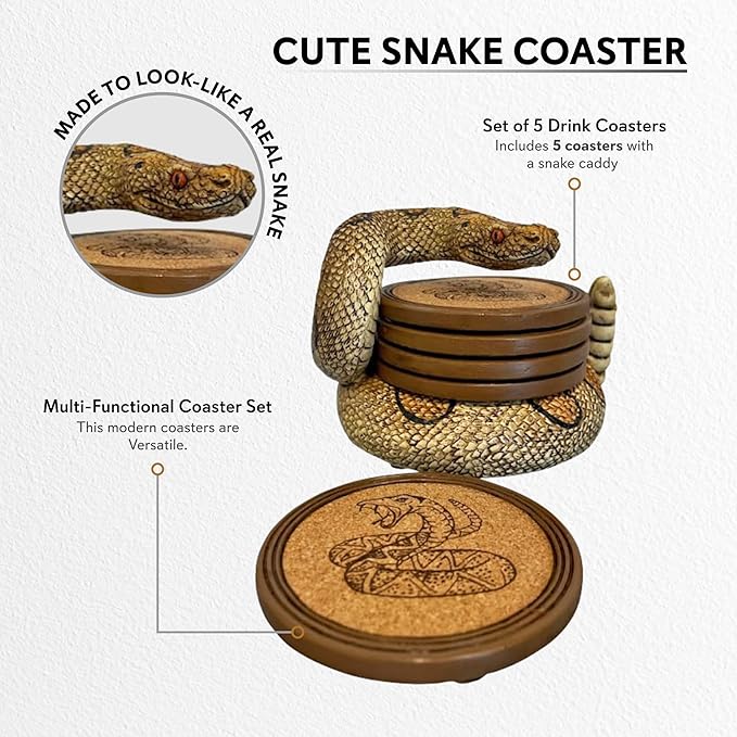 Pine Ridge Snake Coaster Set - Snake Drink Coasters, Unique Bar Decor and Accessories, Home Decorations for Dining Room or Home Bar - Modern Coaster Set with Holder for Man Cave