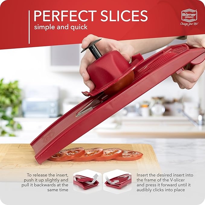 Mandoline Food Slicer Börner V1 (Profi Set) by Reston Lloyd • V-Slicer with 4 Inserts, Docking Station & Food Holder • Made in Germany • Fruit & Vegetable Chopper • Multiple Settings • Color: Red