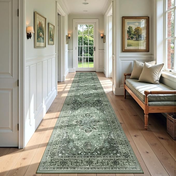 Area Rugs 2'6''x10' Runner Rug Non Slip Washable for Kitchen Hallway Bedroom Beside Laundry Room Bathroom Rug, Floor Carpet, Dark Green Gray