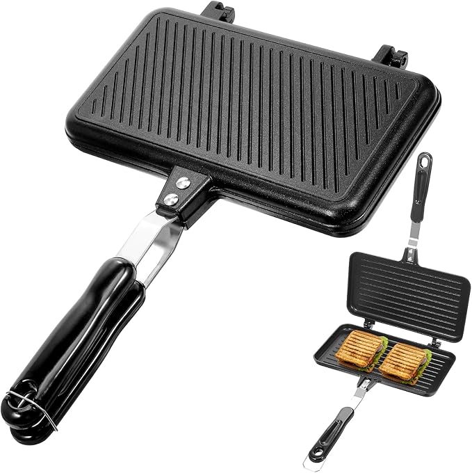 DOITOOL Double-Sided Non-Stick Sandwich Pan 14 Inch Baking Tray with Ergonomic Handle for Stovetop Cooking Breakfast Omelette Toast Maker