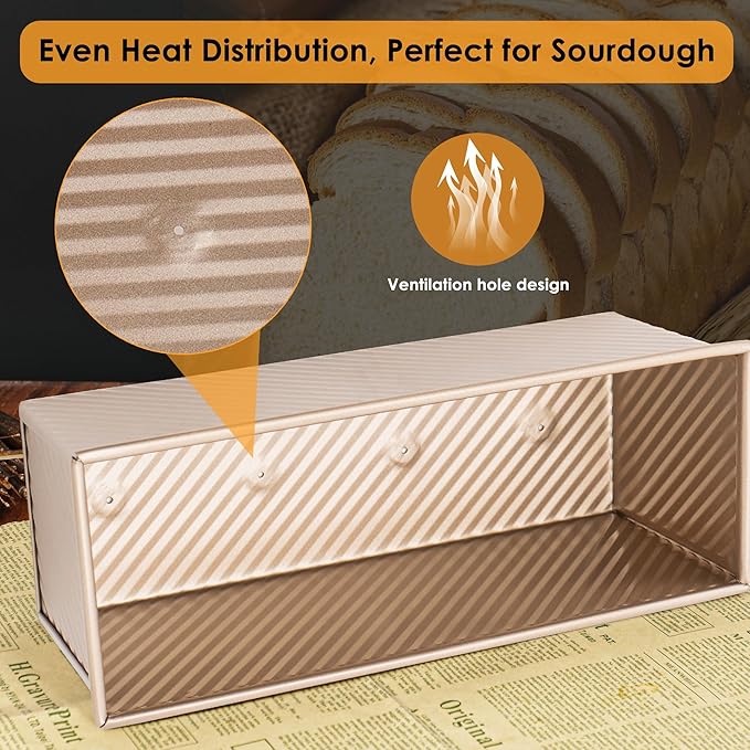 Spmarkt 2-pack 2.2lb Gold Pullman Loaf Pan with Lid, Premium Non-Stick Coating Bread Pan, PFTE and PFOA-Free, Safe and Healthy Baking for Homemade Bread with Family-sized Recipes