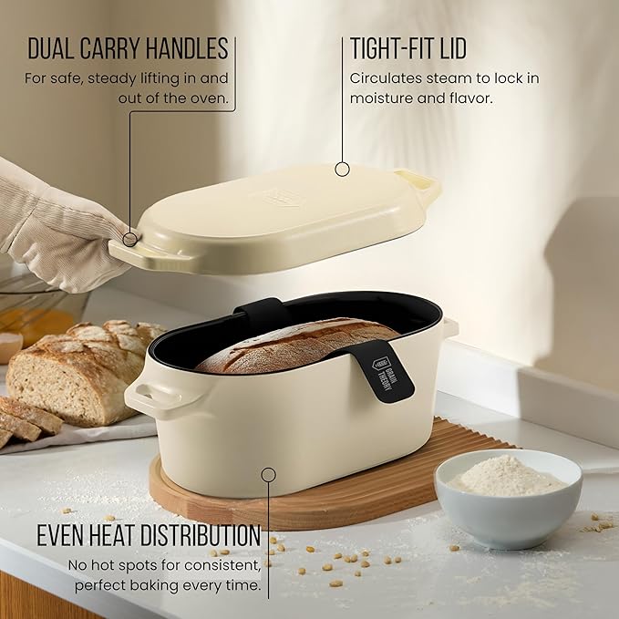 KooK Dutch Oven, For Sourdough Baking, Dual Handles, Enameled Cast Iron, includes Silicone Mat and Sourdough Guide, Dishwasher Safe, 5 Qt, (Ivory)