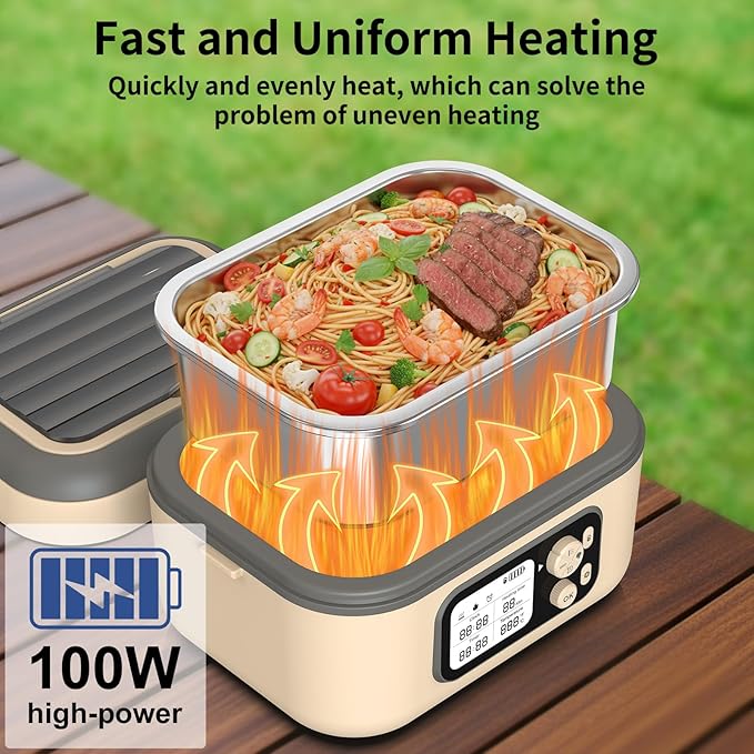 Cordless Electric Heated Lunch Box, 1.5L 6.3Cups 24000mAh Rechargeable Battery Self-Heating Lunch Box, Smart Timer, Even Heating, 100W Portable Food Warmer for Office, Picnic, Car, Outdoor