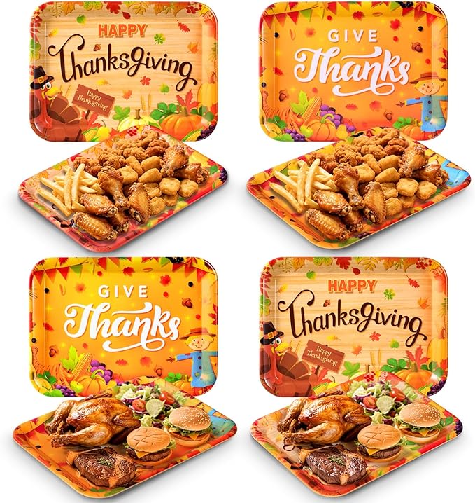 Vesici 4 Pack Thanksgiving Melamine Serving Trays, 13 x 10 Inch Rectangular Autumn Platters with Turkey & Harvest Designs, Durable Serving Plates for Holiday Buffet, Friendsgiving, Snacks & Appetizers