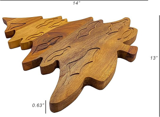 Treen Art Wood Cutting Board for Kitchen Christmas Snow Leaf Tree Shaped Wooden Cutting Board with Handle & Grooves, Decorative cutting board for Cheese and Charcuterie Platter 14"L x 13"W