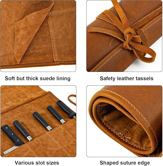 Baizoy Knife Roll Bag Genuine Leather,Chefs Professional 5 Knives and Cookware,Perfect for The Traveling Chef,Travel Tool Roll Pouch,No Tools Included