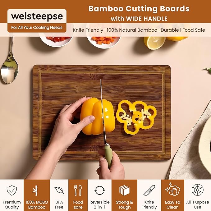 welsteepse Bamboo Cutting Boards, (Set of 3) with Juice Groove, Bamboo Wood Cutting Board Set for meat, fruit and cheese