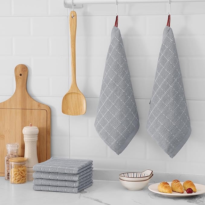 Mordimy 100% Cotton Terry Cloth Dish Cloths, Soft and Absorbent Checkered Dish Towels, Quick Drying Dish Rags for Washing Dishes, 8 Pack, 12 x 12 Inches, Light Grey