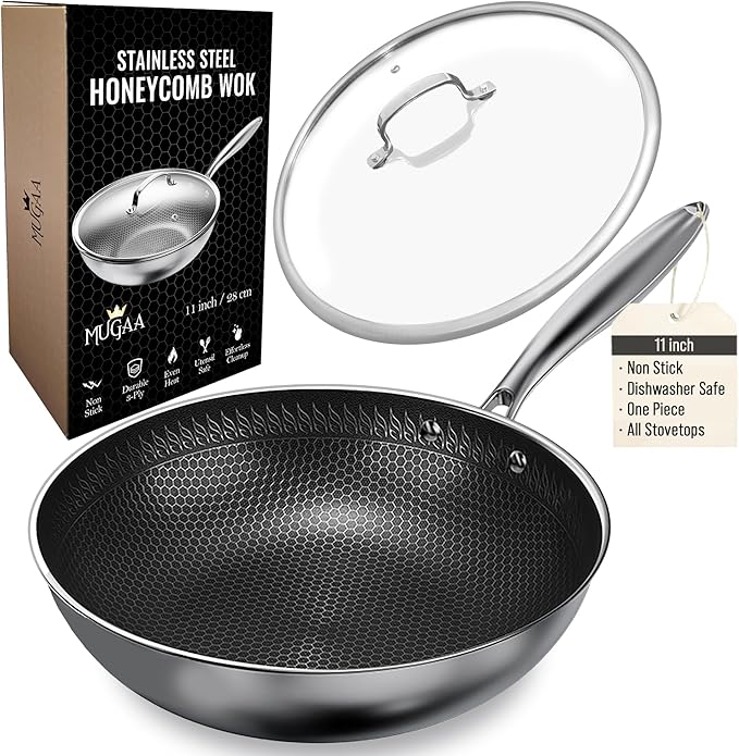 MUGAA Woks & Stir-Fry Pans Nonstick 11" Stainless Steel Wok Pan with Lid | Tri-Ply Honeycomb Hybrid Stir Fry Pan | Induction & Oven Safe | Dishwasher Safe