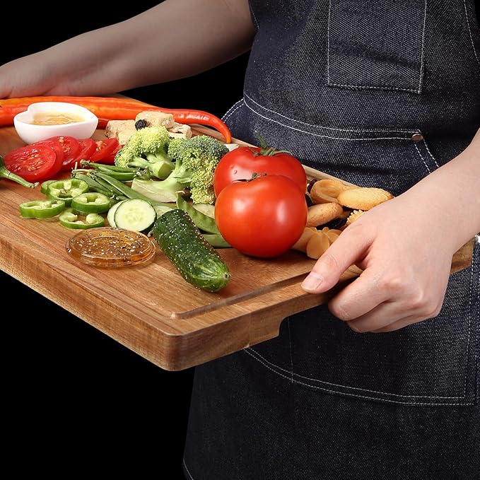 Acacia Wood Cutting Board with Handles & Juice Groove - Large Thick Butcher Block for Meat, Turkey, BBQ, Serving and Kitchen Countertop 18"*12 Inche