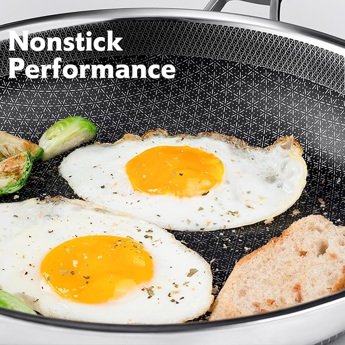 SNOWCLAD Frying Pan with Lid, 10 Inch Hybrid Non Stick Stainless Steel Skillets, Dishwasher Induction Oven Broiler Safe, Non Toxic Chef's Pan, PFOA Free Cookware