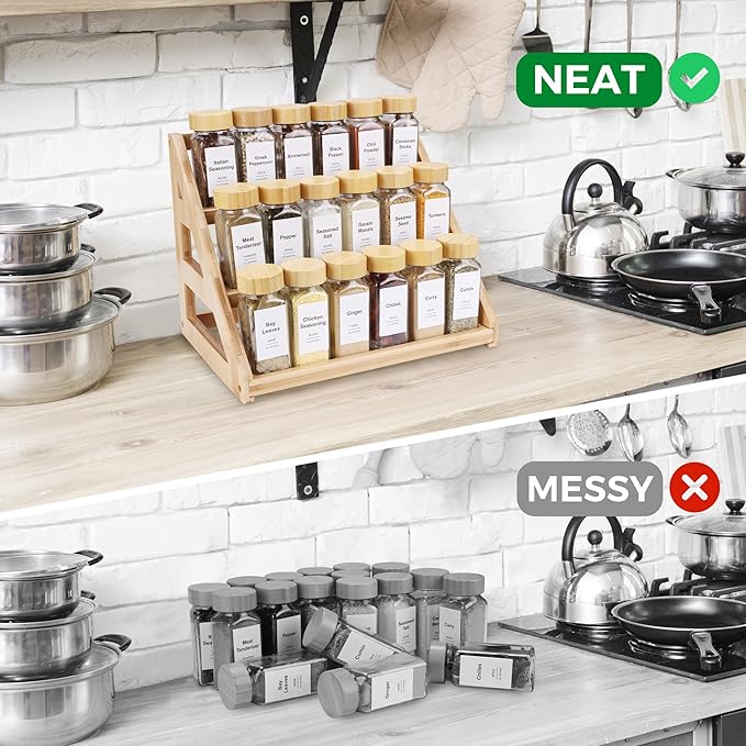 Spice Organizer, Bamboo 3 Tier Spice racks, Kitchen Seasoning Spices Rack, Suitable for Spice Organizers Such as Sitchen Countertops, Stoves, Sorage Rooms (S)