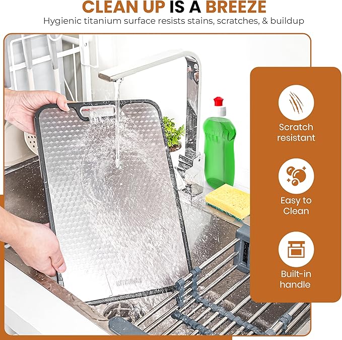 2 in 1 Titanium Cutting Board for Kitchen – Large 16" x 11"- 100% Pure Titanium & Wheat Straw PP Double Sided Chopping Board - Hygienic, Non-Toxic, Food grade, Non Slip, Textured Surface