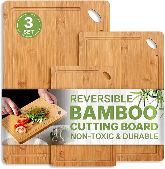 Wood Cutting Boards Set of 3 – Non-Toxic Bamboo Chopping Boards for Kitchen with Deep Juice Grooves – Durable, Eco-Friendly Wooden Serving Boards for Meat, Vegetables & Fruit