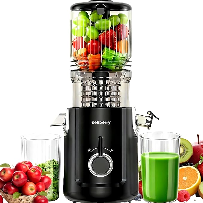 celiberry Cold Press Juicer Machines, 5.3” Large Feed Chute Slow Masticating Juicer for Whole Fruits & Vegetables, Easy Clean, 300W Quiet Juice Extractor, 99% High Juice Yield, Black