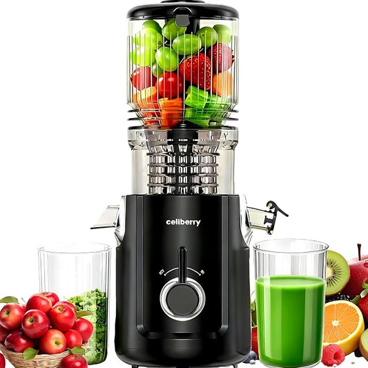 celiberry Cold Press Juicer Machines, 5.3” Large Feed Chute Slow Masticating Juicer for Whole Fruits & Vegetables, Easy Clean, 300W Quiet Juice Extractor, 99% High Juice Yield, Black