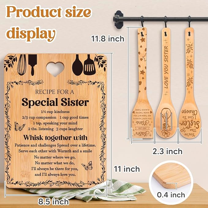 Sister Birthday Gifts - "Recipe for a Special Sister" Sister Gifts from Sister Cutting Board Set, Bamboo-Made Engraved Utensil Set Sister Gifts from Sister, Sister Birthday Gifts from Sister/Brother
