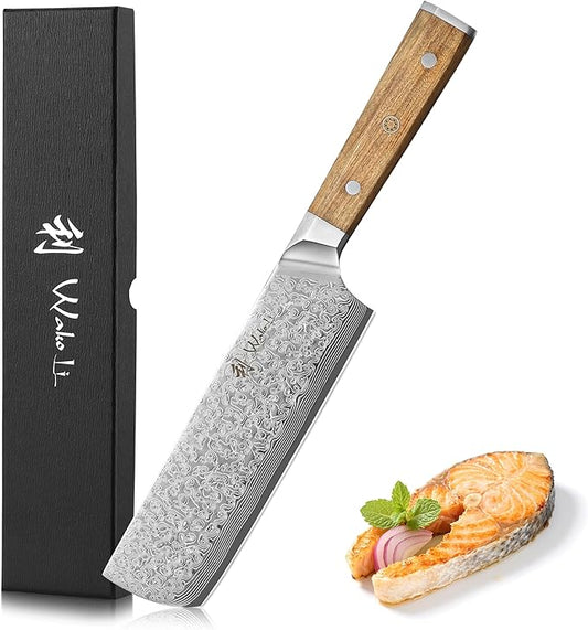Wakoli Oribu Damascus Nakiri Knife – Full Tang Kitchen Knife | 7-Inch Blade Made of 67-Layer Damascus Steel with AUS-10 Core | Ergonomic Olive Wood Handle | Sharp & Durable