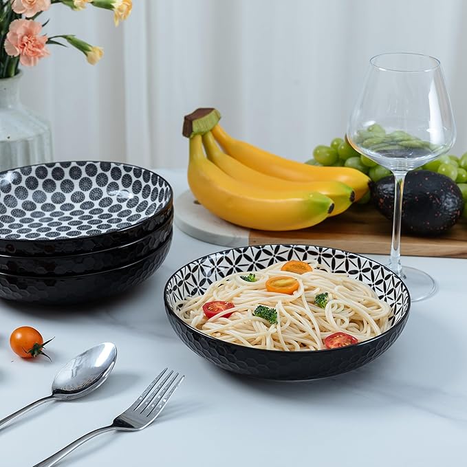 LEHAHA Ceramic Pasta Bowls Set of 4, 8.25" Large Porcelain Salad Bowls Soup Bowl for Serving Soup, Pasta, Noodle, Dinner, Large Kitchen Bowl Plates, Microwave & Dishwasher Safe,Black