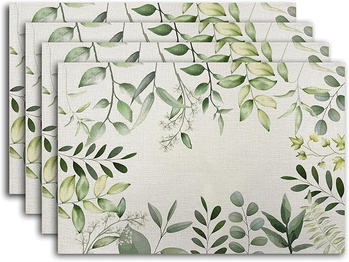 Eucalyptus Rustic Placemats Cottagecore Botanical Tablemats Resistant Place Mats Kitchen Decor Dining Decoration for Party, Washable Floral Placemats Set of 4-05