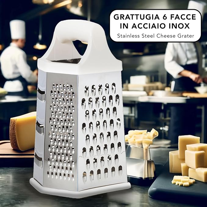 Stainless Steel 6-Sided Cheese Grater – 23 cm – Vertical Grater Six Blades with Ergonomic Handle for Grating Cheese, Vegetables, Lemon, Fruits Chocolate – Hexagonal Multi-Purpose