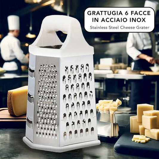 Stainless Steel 6-Sided Cheese Grater – 23 cm – Vertical Grater Six Blades with Ergonomic Handle for Grating Cheese, Vegetables, Lemon, Fruits Chocolate – Hexagonal Multi-Purpose