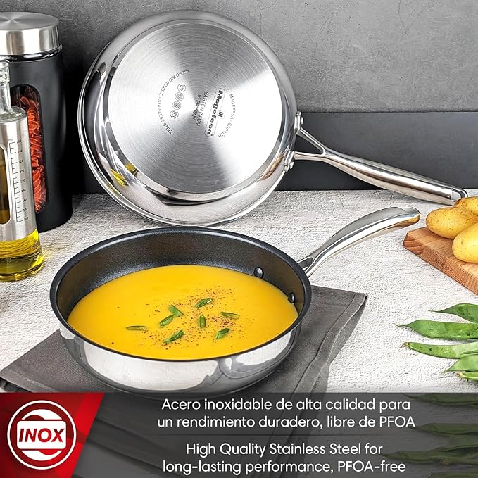 Magefesa Balance Stainless Steel Frying Pan Set, 7+9.4+11 Inches, Xylan Plus Non-Stick Coating, Energy-Saving Full Induction Base, Triple-Layer Diffuser Bottom, Oven Safe, Anti-Splash Design, Skillet