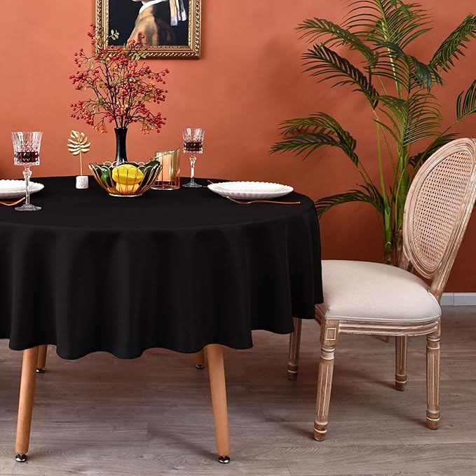MEANMOY Black 210 GSM Water & Stain Resistant Round Tablecloth for Circle Table - Solid 120 Inch Table Cloth Cover in Wrinkle Free Durable Washable Polyester Fabric for Wedding, Party, Banquet