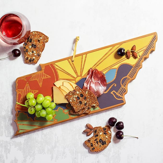 Totally Bamboo Tennessee State Shaped Cutting Board and Charcuterie Serving Platter with Artwork by Summer Stokes, Includes Hang Tie for Wall Display