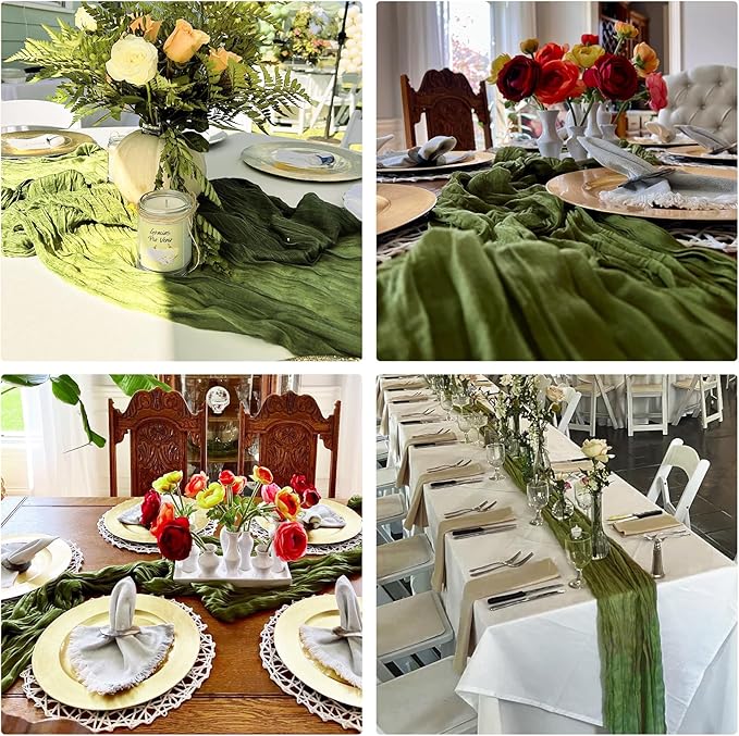 10 Pack Olive Green Cheesecloth Table Runner 10FT Boho Gauze Fabric Table Runner Vintage Rustic Sheer Runners for Wedding Party Bridal Baby Shower Long Table Decorations