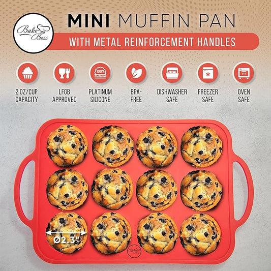 BAKE BOSS 12-Cup Silicone Mini Muffin Pans for Baking with Metal Handles – Nonstick Silicone Cupcake Molds For Baking, Eggs & Cupcakes – BPA-Free, Dishwasher Safe, Red