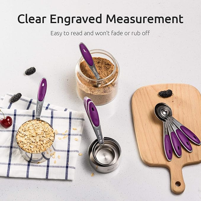 U-Taste 18/8 Stainless Steel Measuring Cups and Spoons Set and 600ºF High Heat-Resistant Kitchen Tong Set (Purple)