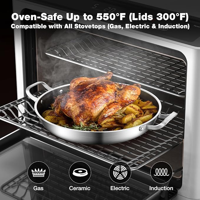 Yeksum Paella Pan with Lid - 14.5" Honeycomb Tri-Ply 18/10 Nonstick Paella Pan, 12-Serving Deep Design, Oven/Dishwasher Safe 550°F, Universal Stainless Steel Skillet