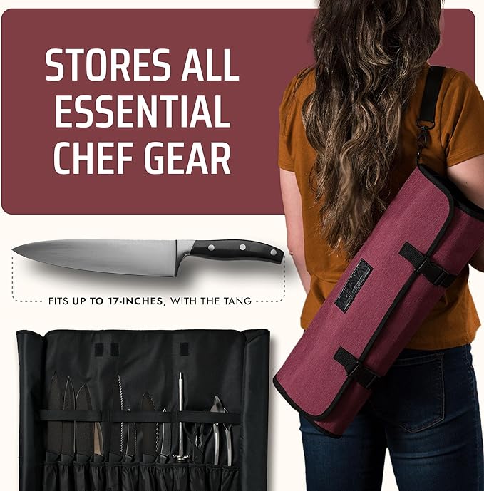 Asaya Chef Knife Roll Bag - 20 Total Pockets for Knives and Kitchen Utensils - Made with Stain Resistant Waxed Nylon - For Chefs and Culinary Students - Knives Not Included(Red)