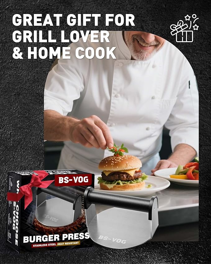 Burger Press, 6" Stainless Steel Burger Smasher for Griddle, Nonstick Round Hamburger Smasher Tool for Cooking Bacon, Patty, Ground Beef, Meats, Dishwasher Safe, Christmas Gift Package for Men