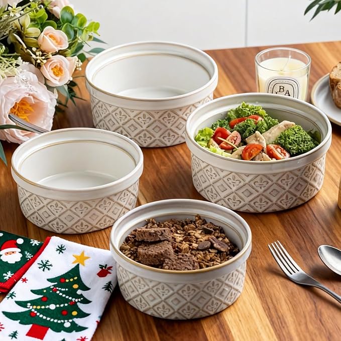 28 Oz Cereal Bowls Set with Lids, Ceramic Salad Bowls for Kitchen, Preparing, Camping, Office Lunch, 6 Inch Kitchen Food Storage Containers with Airtight Lids set of 4, Housewarming Present, Beige