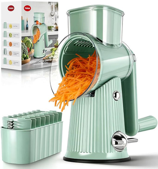 TOPAA Rotary Cheese Grater with Handle Vegetable Shredder with 5 Blades, Round Mando line Slicer and Food Chopper for Kitchen (Green)