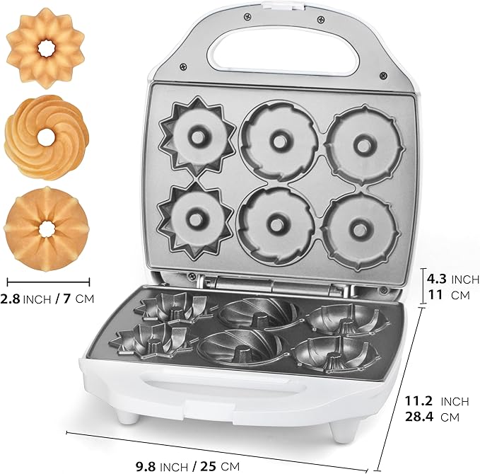 Mini Donut Maker Machine, Electric Mini Bundt Cake Pan, Bake 6 Bundt Doughnuts with 3 Shapes, Excellent for Breakfast, Snacks, Desserts & More