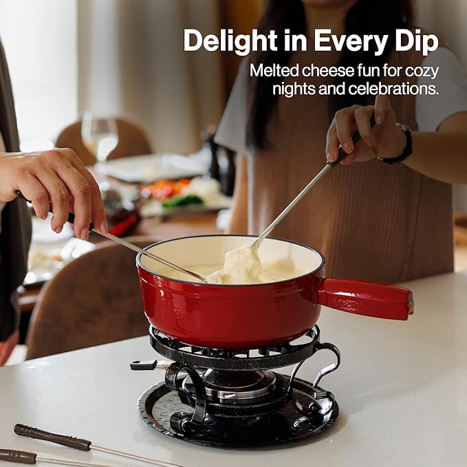 Swissmar Lugano Cast Iron Cheese Fondue Pot Replacement, 2 QT / 2 L - Compatible with Swissmar Lugano Fondue Sets - Ideal for Melting Cheese, Chocolate, & Caramel - Cherry Red