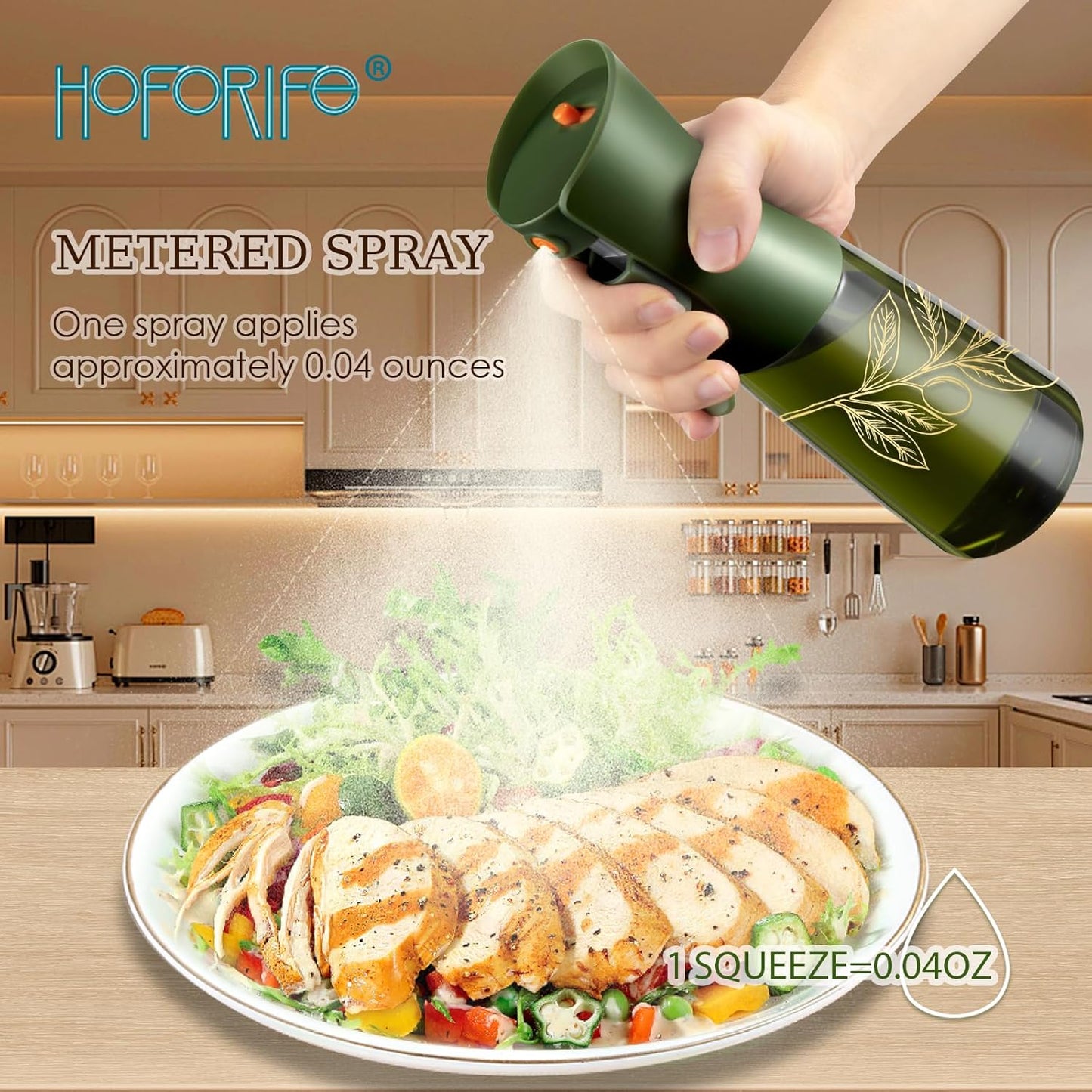 Glass Olive Oil Sprayer for Cooking, Oil Mister Continuous Cooking Spray with Portion Control for Kitchen 200ml/7oz (Green Bottle, Gold Print)