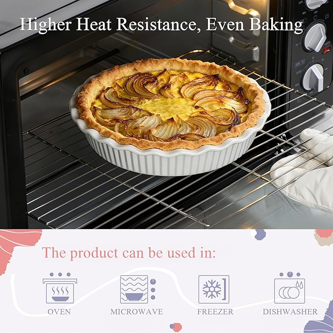 Miicol White Ceramic Pie Pan, 50 oz Ripple Edge Deep Baking Dish, 9 Inch Round Ceramic Pie Plate, Suitable for Quiche, Apple Pie, Meat Pie, Ideal Gift for Baking Lovers