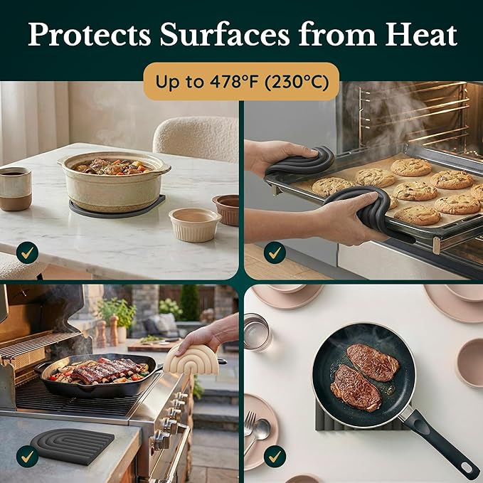 Silicone Trivets for Hot Dishes, Heat-Resistant, Non-Slip Pot Holders for Kitchen & Coasters Durable Hot Pads for Pots, Pans, Baking Dishes & Kitchen Appliances Set of 2 Graphite Noir
