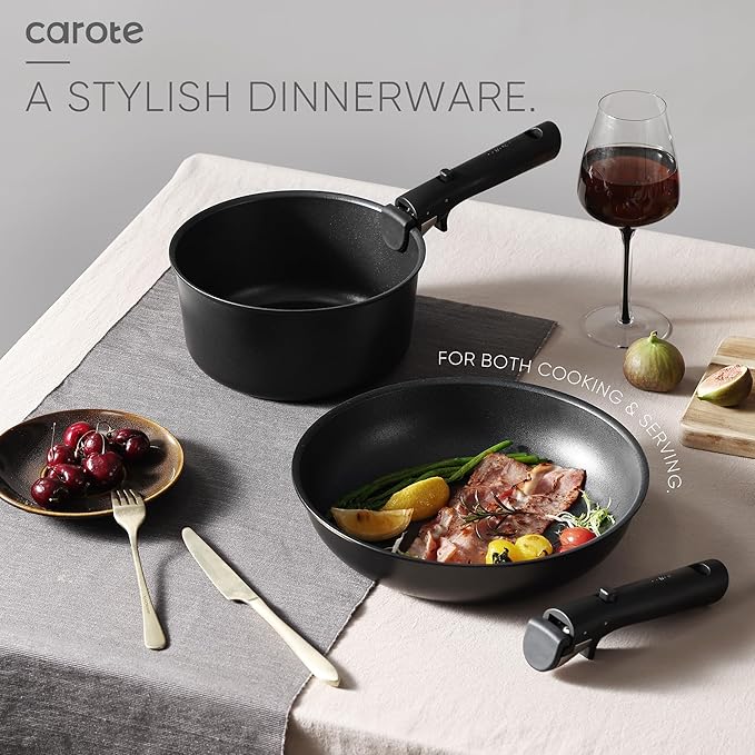 CAROTE 17Pcs Pots and Pans Set Non Stick, Cookware Set Detachable Handle, Nonstick Induction Kitchen Sets Non Stick with Removable Handle, RV Cook Ware, Oven Safe, Black