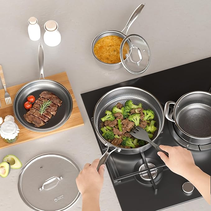 COOKER KING 7 PCS Stainless Steel Cookware Set, Pots and Pans Set Non Stick, Hybrid Ceramic Cookware,Non-Stick Frying Pan, Saucepan, Saute Pan & Stockpot, Non-Toxic, Oven Safe, Induction Compatible