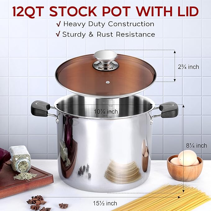 Onader Large Stainless Steel Stock Pot for Cooking, 12 Quart Big Soup Pot with Lid & Anti-Scald Handles, Tri-Ply Induction Stockpot