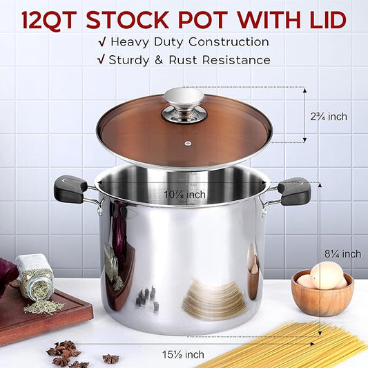 Onader Large Stainless Steel Stock Pot for Cooking, 12 Quart Big Soup Pot with Lid & Anti-Scald Handles, Tri-Ply Induction Stockpot