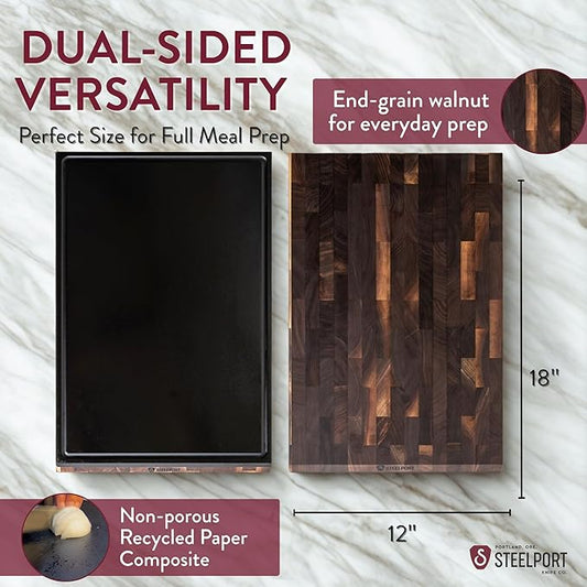 STEELPORT Cutting Board 18”x12” - Steel Reinforced, Ultra-thin | Dual Surface End-Grain Walnut Wood, Composite Side | Professional Butcher Block Chopping Board | Handcrafted in USA