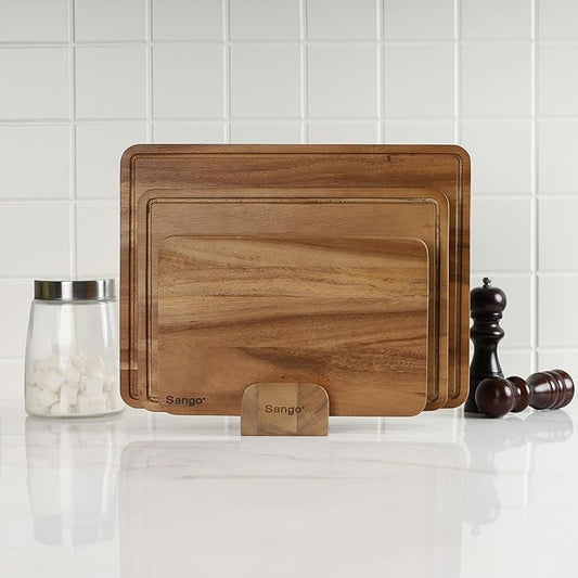 Sango Acacia Cutting Board Set with Juice Grooves and Stand, 3-Piece- Wood Chopping Boards, Stackable & Reversible for Kitchen, Non-Toxic, Perfect as Butcher Block Countertop, Atelier