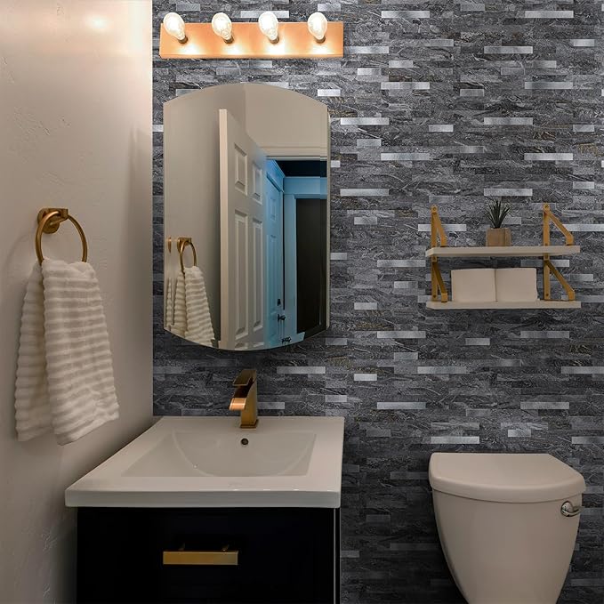 20 Sheets Peel and Stick Backsplash for Kitchen, Gray-Gold Stone with Metal Silver Look Stick on Tile Upgrade Your Kitchen Backsplash, RV, Fireplace